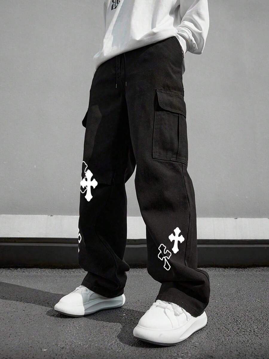 Pantalón cargo multibolsillos para hombre, corte holgado con estampado cruzado, ideal para playa, informal, deportes, actividades al aire libre, jogging, corte recto y holgado, ideal para cualquier temporada, estilo urbano, regalo para novio o esposo.