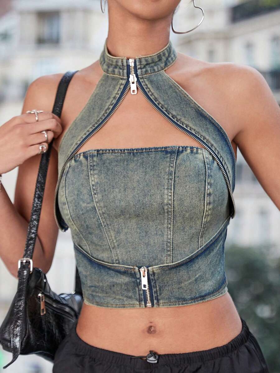 Top vaquero sin espalda y cuello halter con cremallera ICON, ropa Y2K para mujer