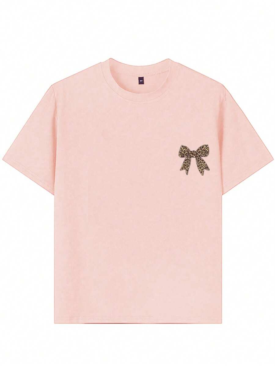Camiseta de manga corta extragrande con estampado de leopardo y lazo para niña preadolescente, cómoda y moderna para el verano.