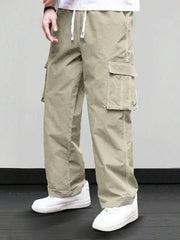 Pantalones cargo rectos Manfinity Hypemode para hombre, informales, con cordón y cintura ajustable, de pierna ancha.