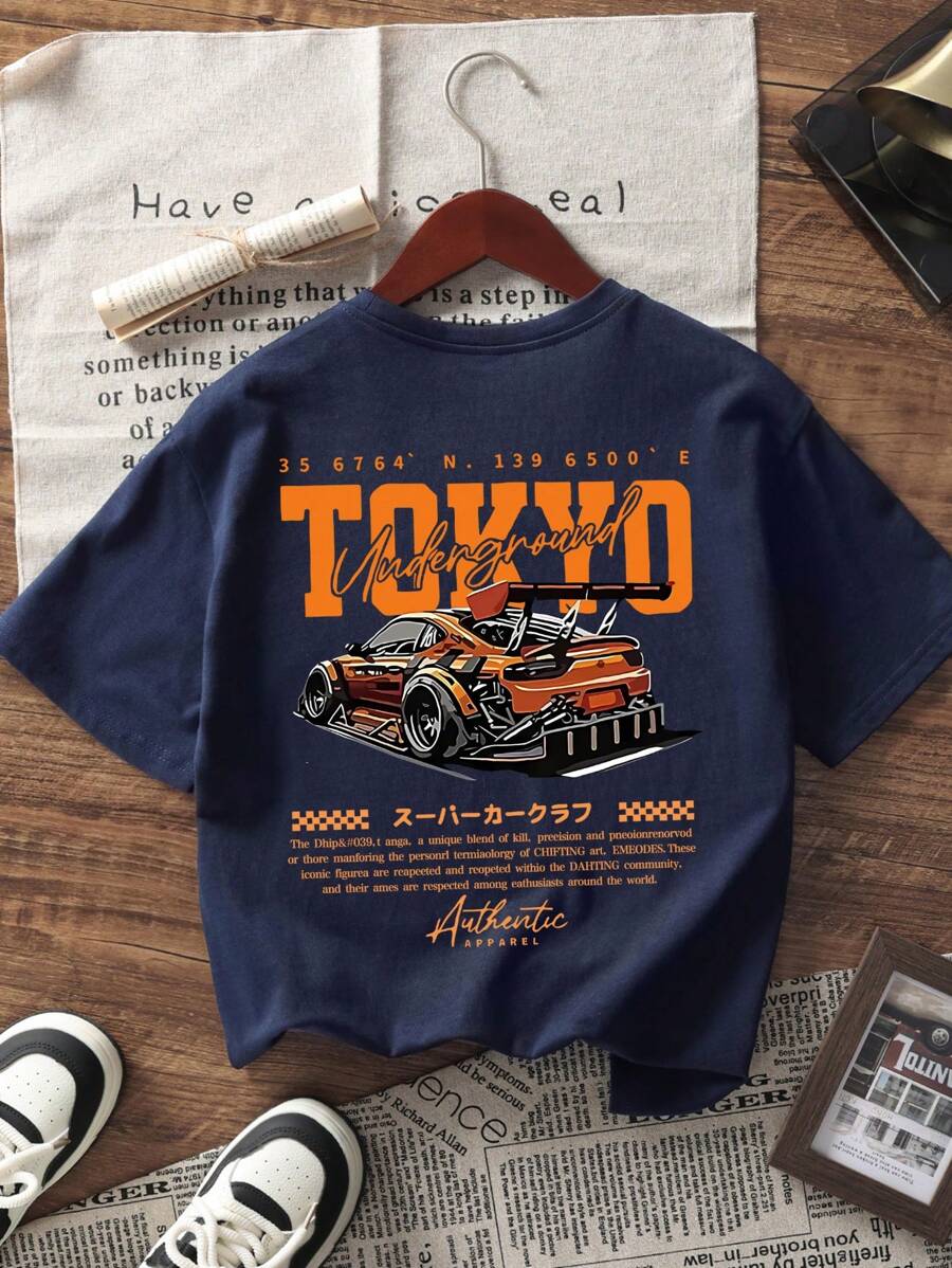Camiseta de manga corta con estampado de coche, ideal para preadolescentes y estudiantes de verano.