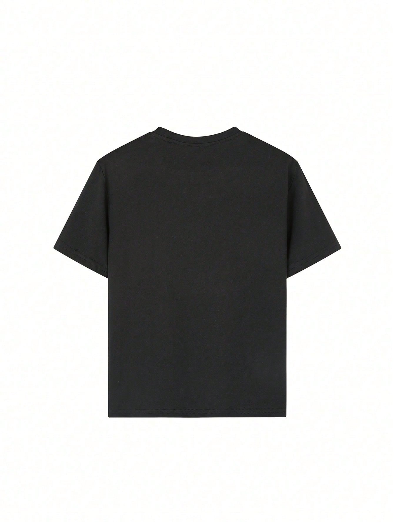 Camiseta informal de manga corta con cuello redondo y estampado de texto en inglés para niño preadolescente, color negro, para verano