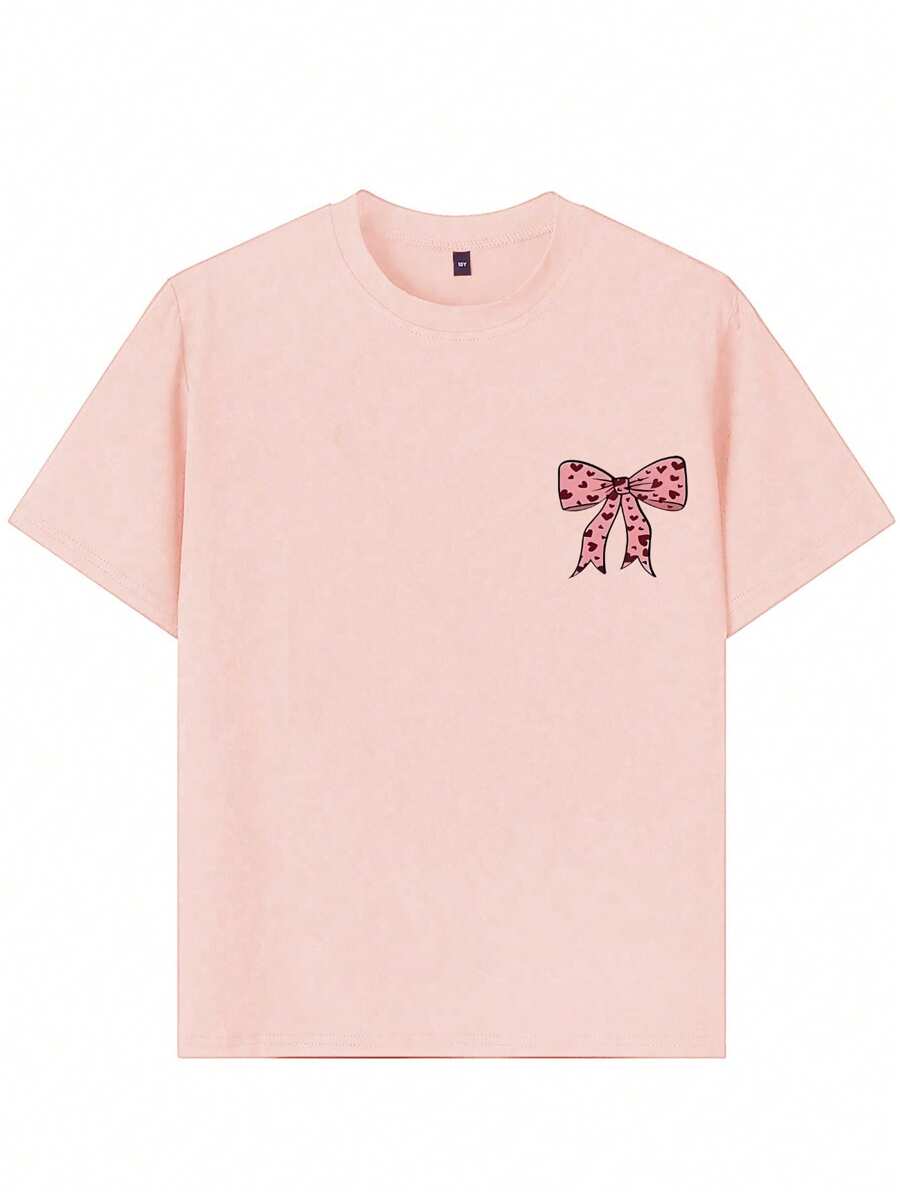 Camiseta de manga corta con estampado de lazo para niña, cómoda y moderna, ideal para estudiantes y jóvenes.