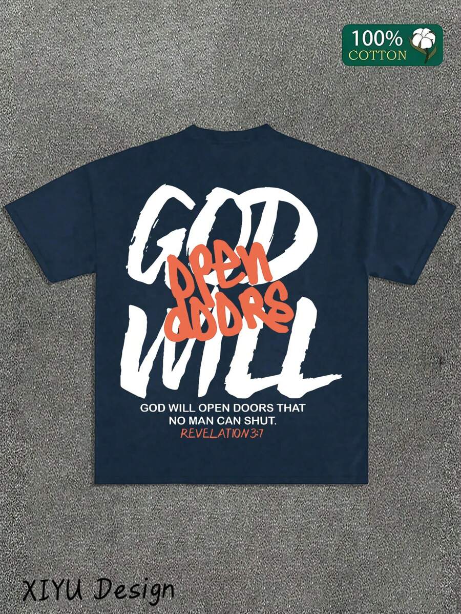 Camiseta de algodón para hombre con estampado "Dios abrirá la puerta" - Azul marino, cuello redondo informal, manga corta, versión holgada, ideal para viajes y uso casual, cómoda y moderna para el día a día.