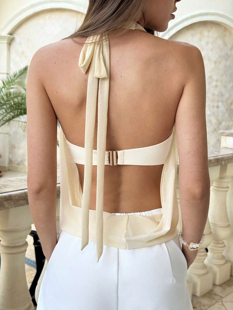 Aloruh - Nuevo chaleco sexy semitransparente con escote pronunciado, espalda descubierta y decoración metálica