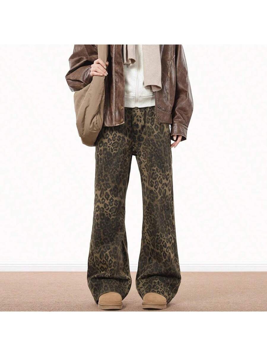 Pantalones vaqueros con estampado de leopardo americano Mannova para hombre, holgados, de corte holgado, estilo urbano, de pierna recta, estilo retro