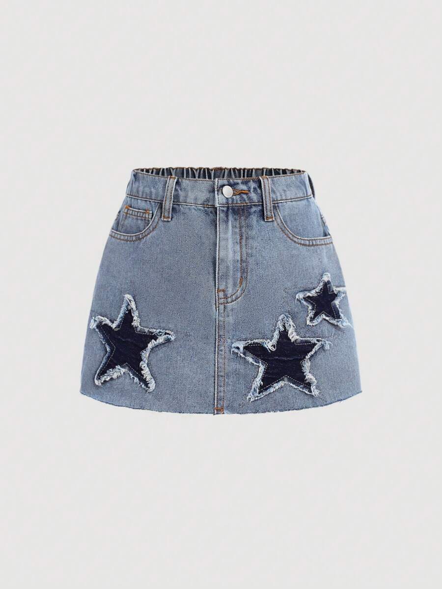 Falda vaquera holgada deshilachada con parches de estrellas y bloques de color Y2K para niñas preadolescentes de Girlism, ropa infantil