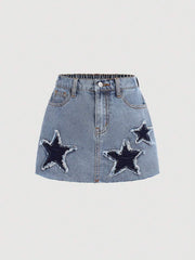 Falda vaquera holgada deshilachada con parches de estrellas y bloques de color Y2K para niñas preadolescentes de Girlism, ropa infantil