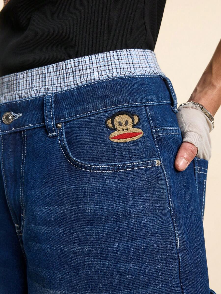 Pantalones cortos vaqueros holgados informales con múltiples bolsillos y bordados para hombre de Paul Frank
