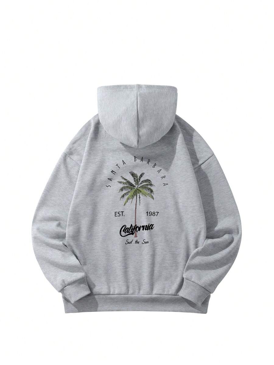 Sudadera informal con capucha para niño preadolescente con estampado de cocoteros, forro térmico grueso para otoño e invierno, ideal para niños activos.