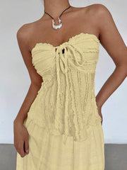 Siren Gaze - Top texturizado con volantes, lazo frontal y hombros descubiertos de color liso para mujer, atuendo para concierto, atuendos para rave, atuendo para festival, atuendo para concierto country, verano
