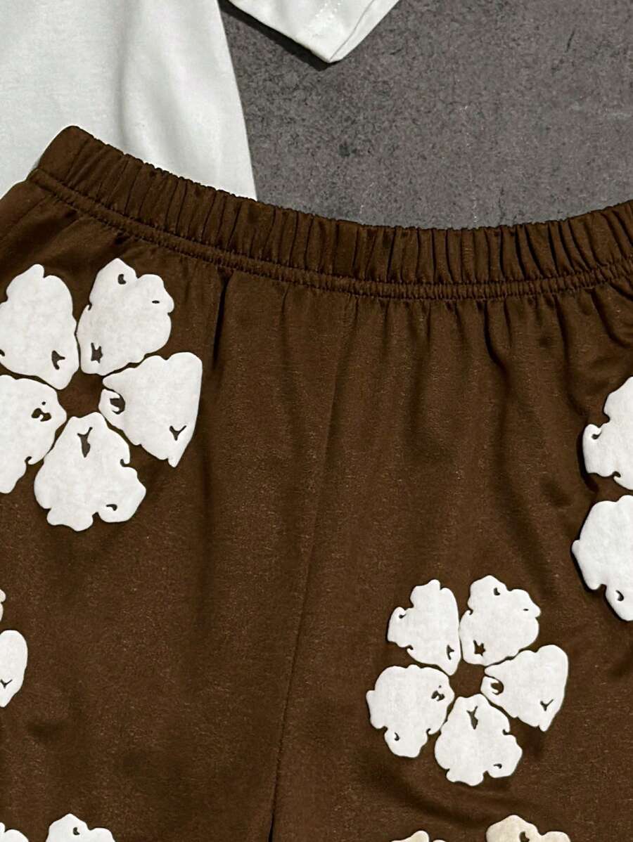 Conjunto informal de 2 piezas para niño: camiseta holgada de manga corta con estampado de letras y pantalones cortos deportivos holgados con estampado de arce, verano