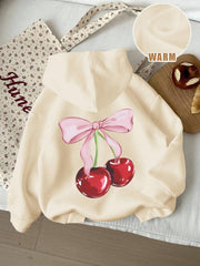 Sudadera con capucha informal de manga larga con estampado de cerezas para niñas preadolescentes, ideal para otoño e invierno.