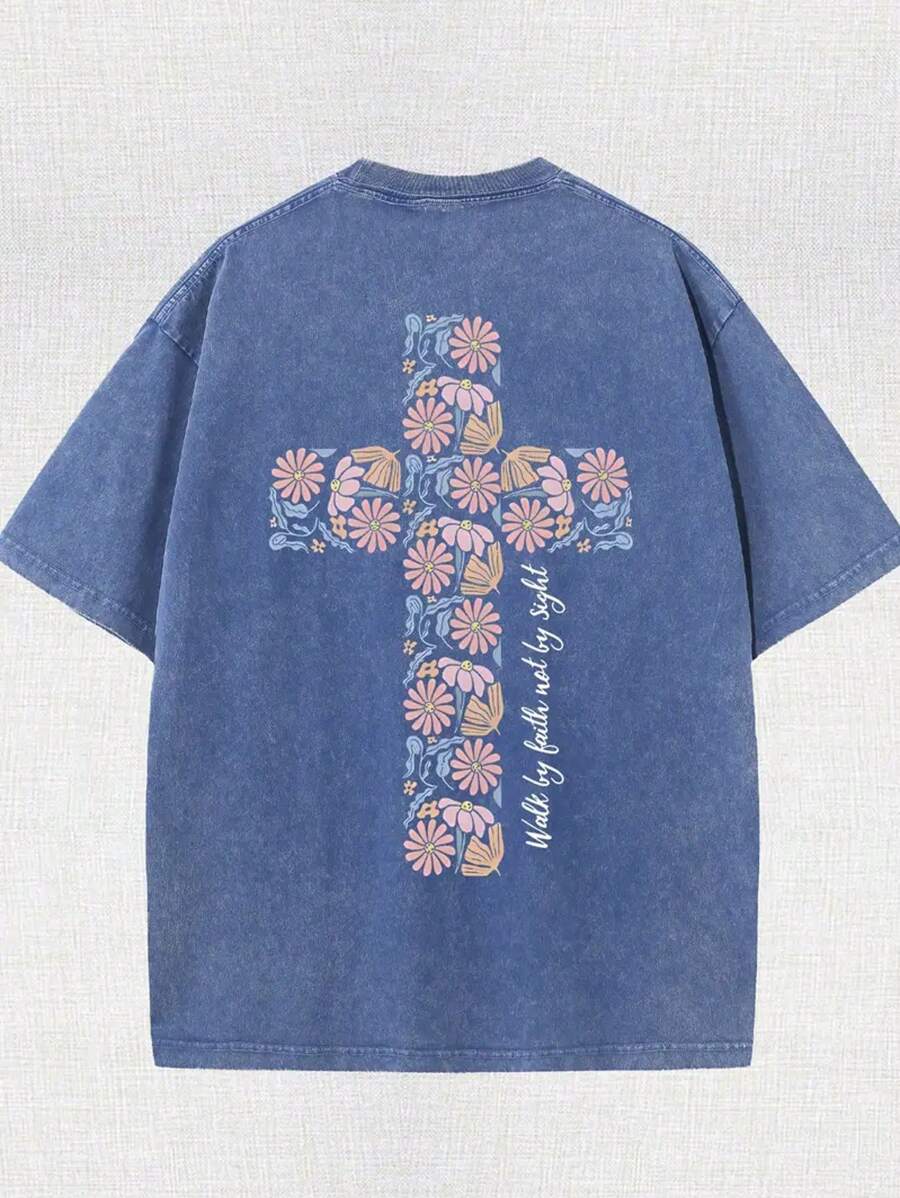 Camiseta batik de algodón de alta calidad de 230 gramos con estampado a doble cara, cuello redondo y manga corta. Camina con confianza, no mires. Jesús, Dios, creencias religiosas, cruz. Camisetas para hombre, deportes al aire libre, ocio urbano.
