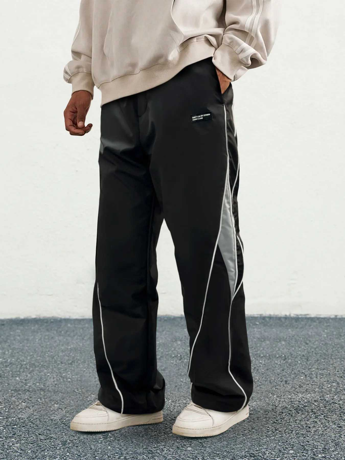 TECCULI Men's Letter Patchwork Side Stripe Drawstring Waist Pants, Casual Loose Pocket Trousers for Daily Wear, Fashion Men's Bottoms for All Seasons, Mens Pants, Casuals Pants, Menswear Oversized Baggy Activewear Sportswear Athletic Be