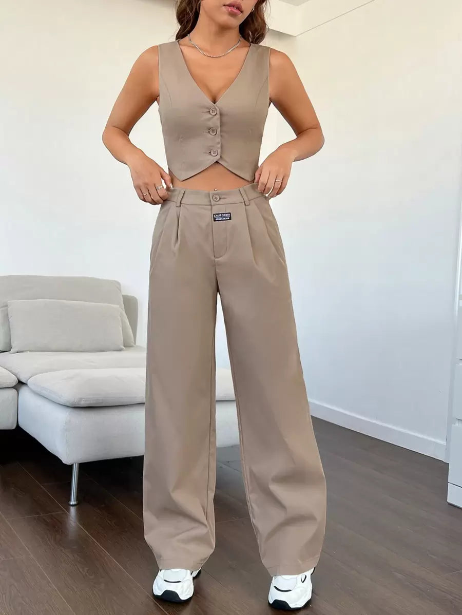 Conjunto de traje de lino de verano para mujer de EZwear, con chaleco y pantalón largo holgado, de un solo pecho y color liso
