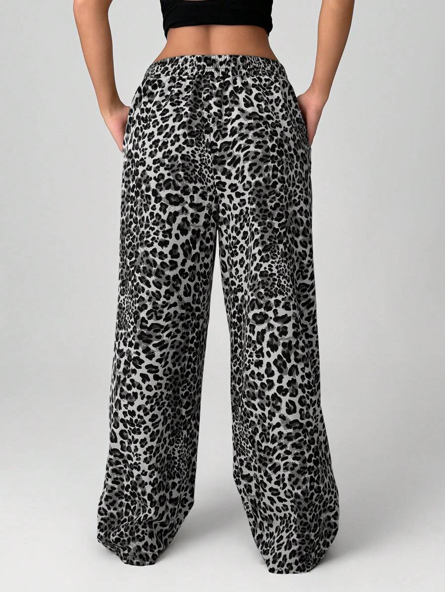 Pantalones anchos de tejido con estampado de leopardo EZwear para mujer
