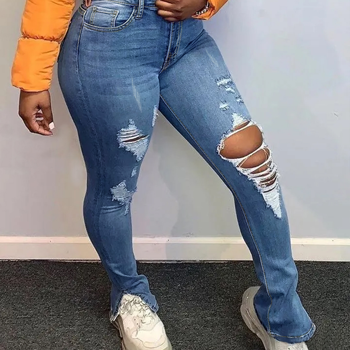 TECCULI - Vaqueros ajustados con dobladillo deshilachado para mujer, con botones y cremallera, estilo informal, azul claro, con bolsillos - Vaqueros ajustados de moda