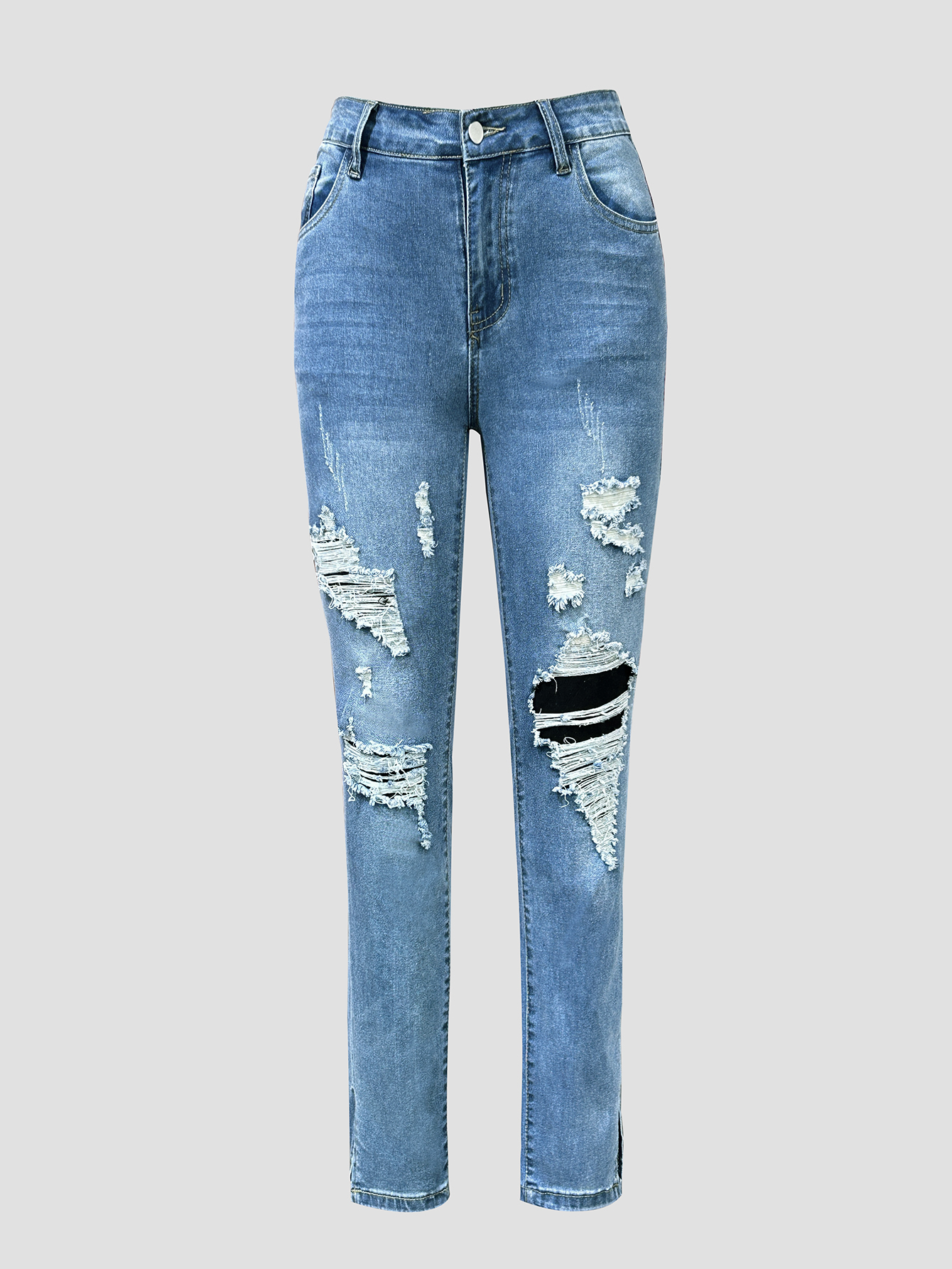 TECCULI - Vaqueros ajustados con dobladillo deshilachado para mujer, con botones y cremallera, estilo informal, azul claro, con bolsillos - Vaqueros ajustados de moda