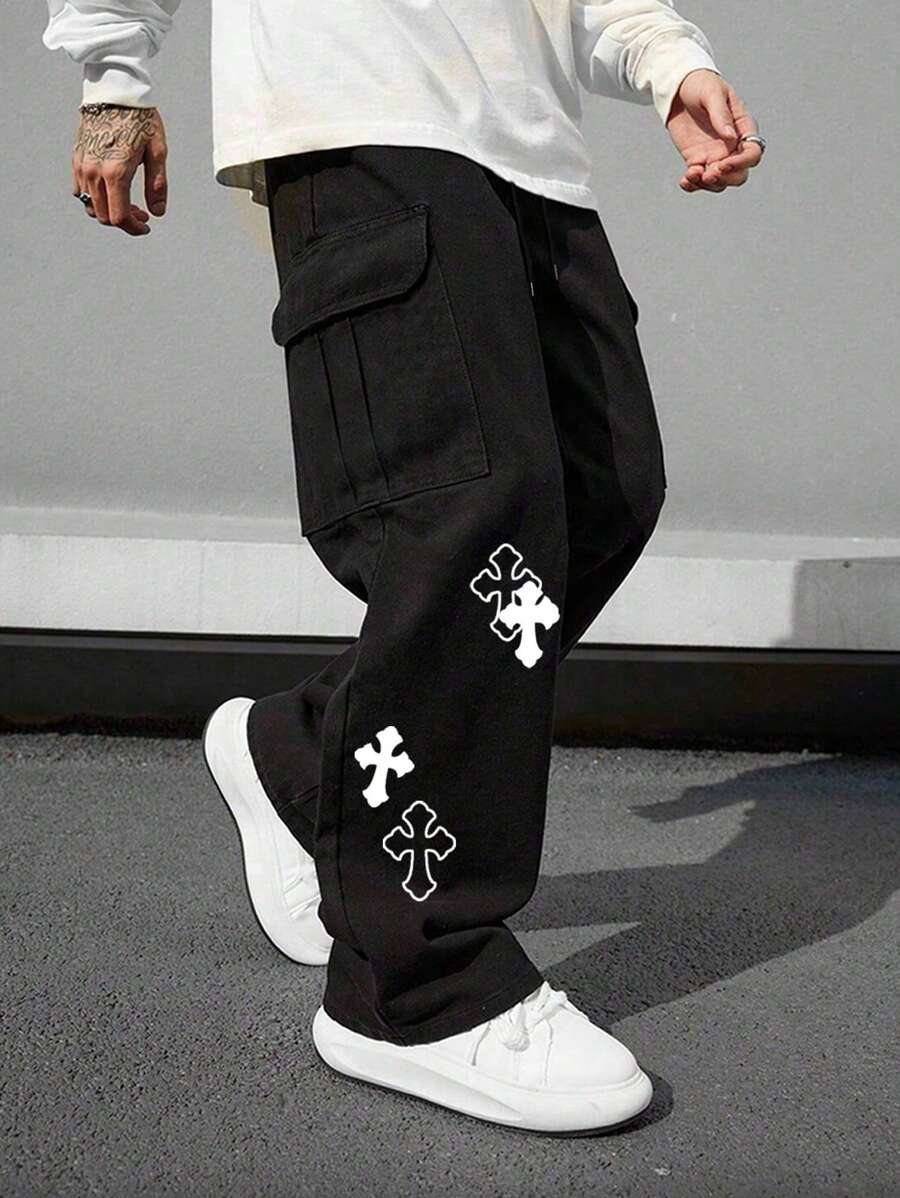 Pantalón cargo multibolsillos para hombre, corte holgado con estampado cruzado, ideal para playa, informal, deportes, actividades al aire libre, jogging, corte recto y holgado, ideal para cualquier temporada, estilo urbano, regalo para novio o esposo.