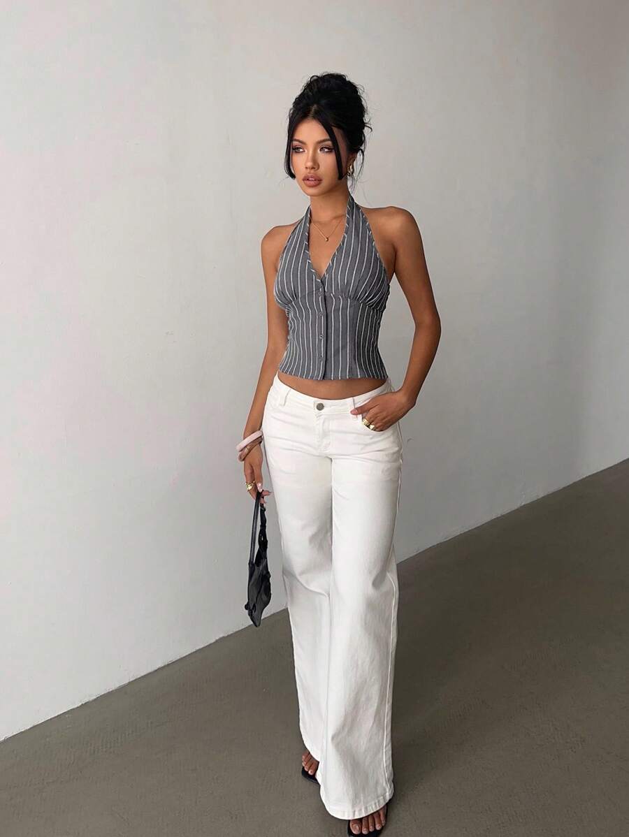 Blazer fino Aloruh de algodón a rayas con cuello alto y botonadura sencilla para mujer