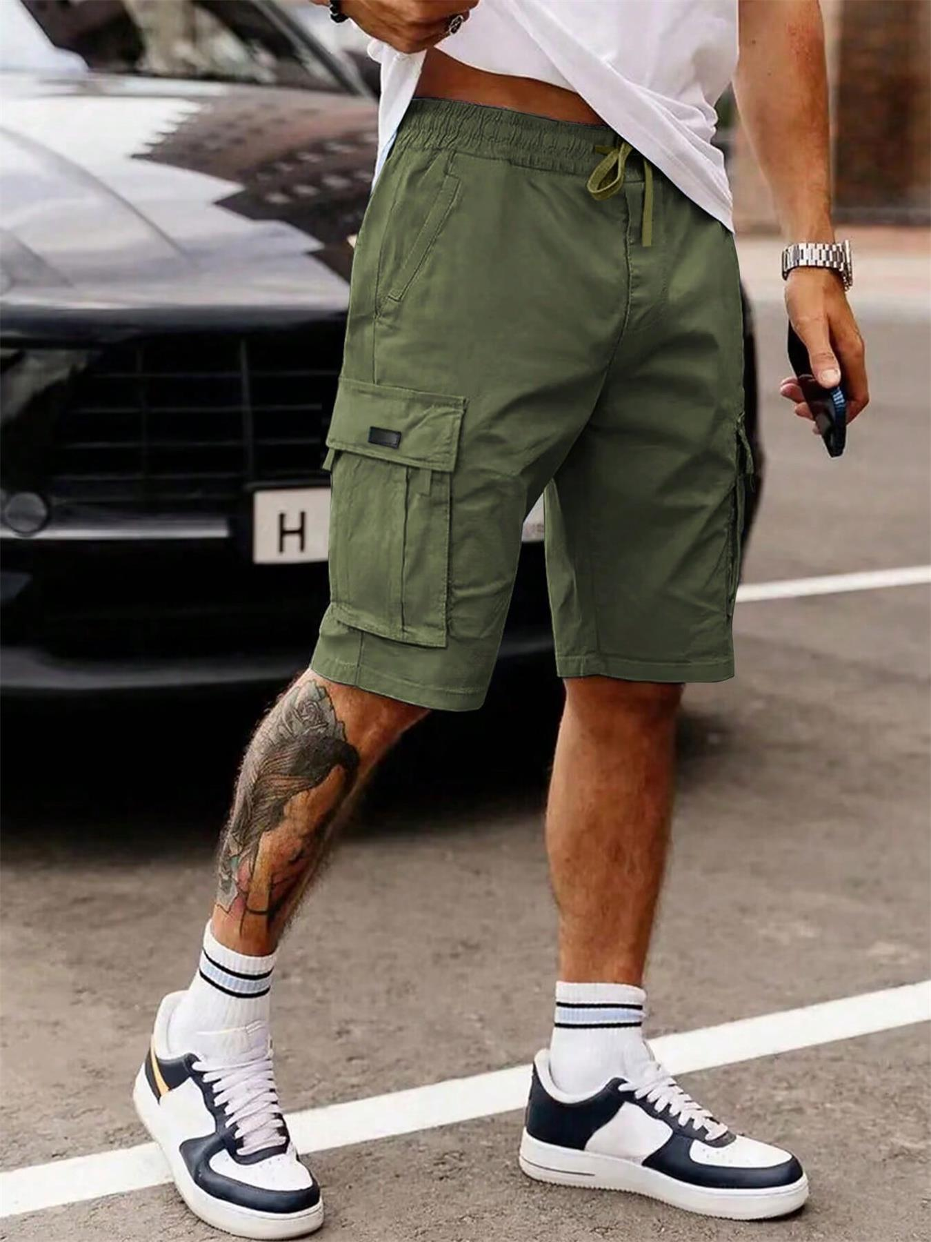 Pantalones cortos cargo informales TECCULI para hombre - Verde oliva, cintura con cordón, múltiples bolsillos, tela no elástica para correr, senderismo, ciclismo, pesca y actividades al aire libre.