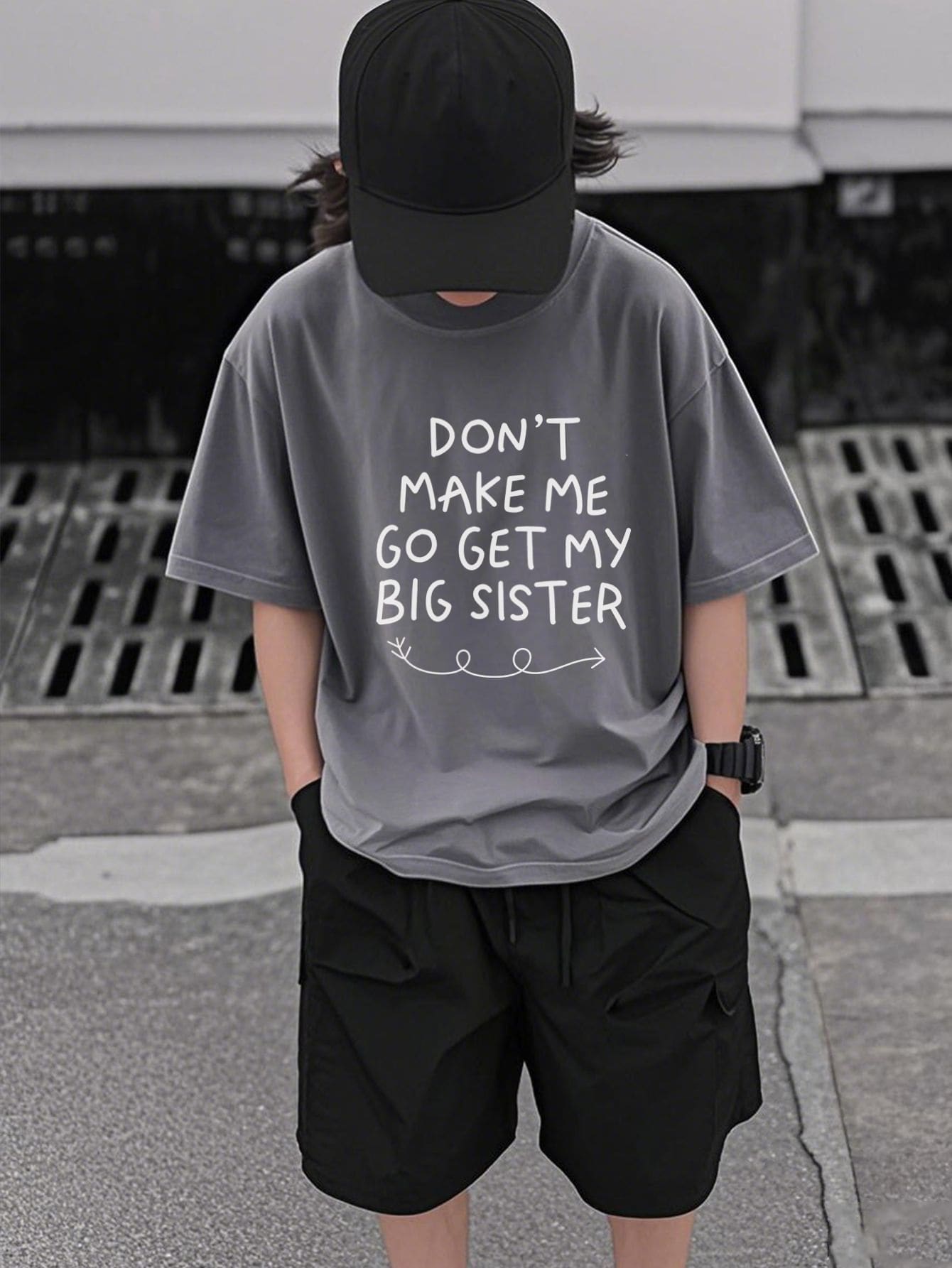 Camiseta informal de manga corta con cuello redondo y estampado de texto en inglés para niño preadolescente, color negro, para verano