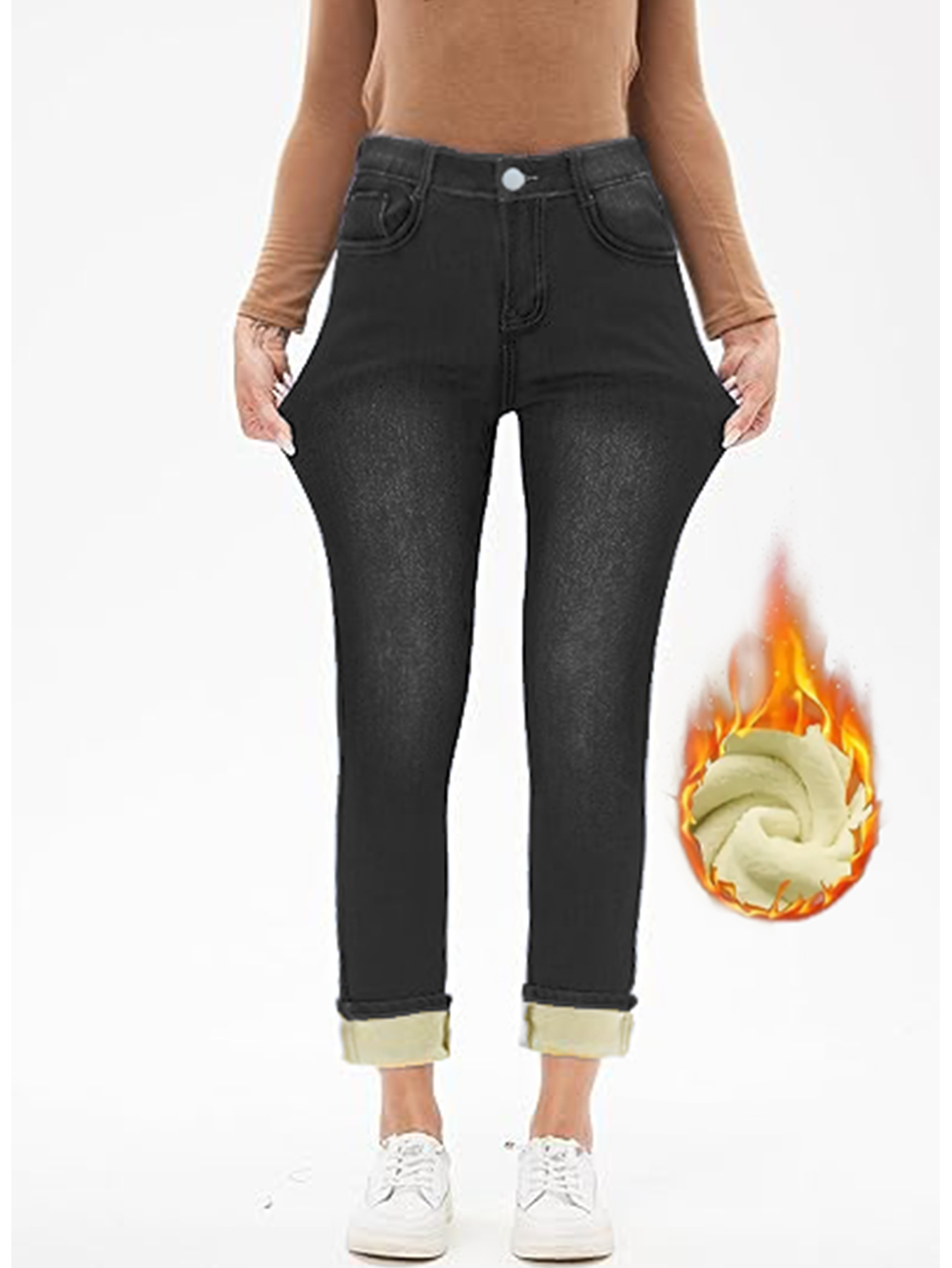 Pantalones vaqueros ajustados de invierno TECCULI para mujer, con forro térmico, de largo 78