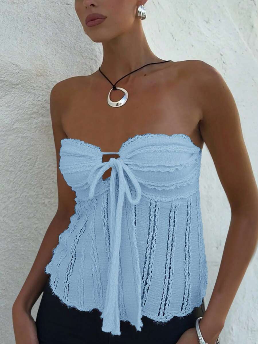 Siren Gaze - Top texturizado con volantes, lazo frontal y hombros descubiertos de color liso para mujer, atuendo para concierto, atuendos para rave, atuendo para festival, atuendo para concierto country, verano