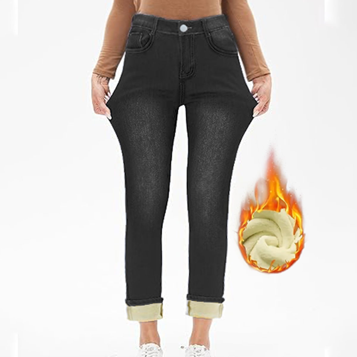 Pantalones vaqueros ajustados de invierno TECCULI para mujer, con forro térmico, de largo 78