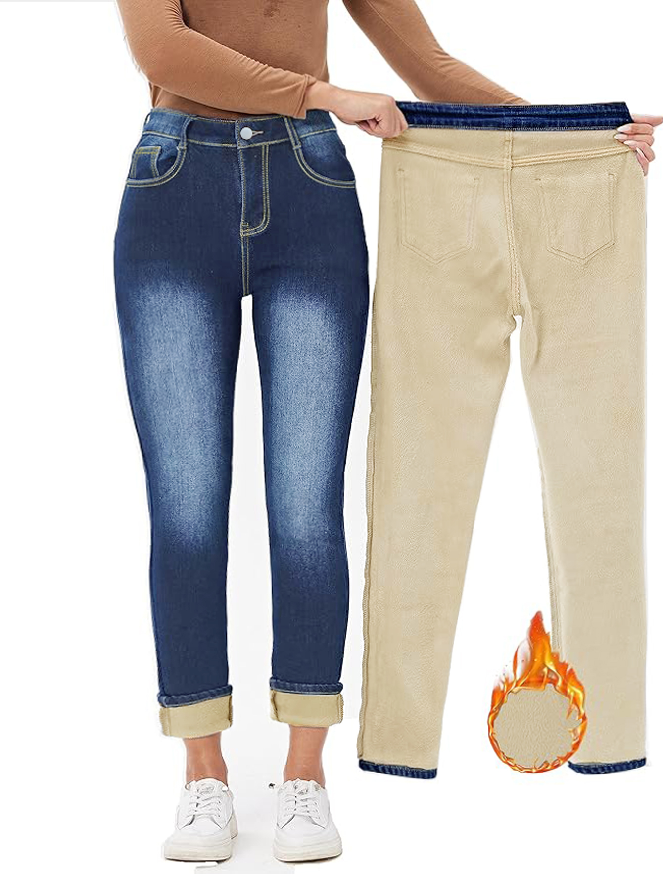 Pantalones vaqueros ajustados con forro grueso y cálido para mujer de TECCULI, talla 78, para invierno Y2K