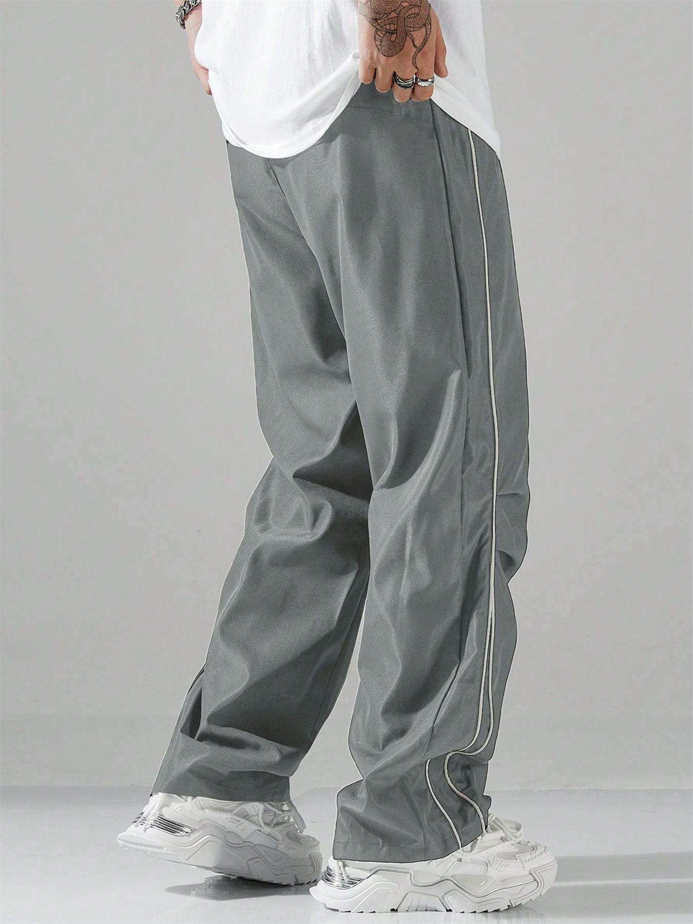 Pantalones casuales con letras TECCULI - Pantalones casuales para hombre - Estampado de letras, ribete en contraste, cintura con cordón ajustable