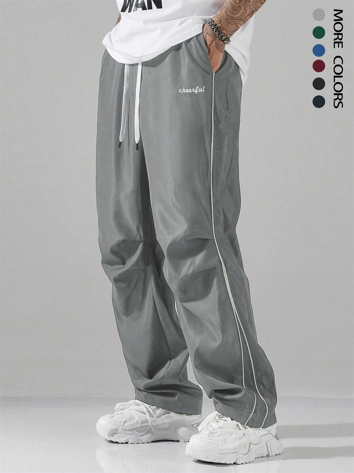 Pantalones casuales con letras TECCULI - Pantalones casuales para hombre - Estampado de letras, ribete en contraste, cintura con cordón ajustable