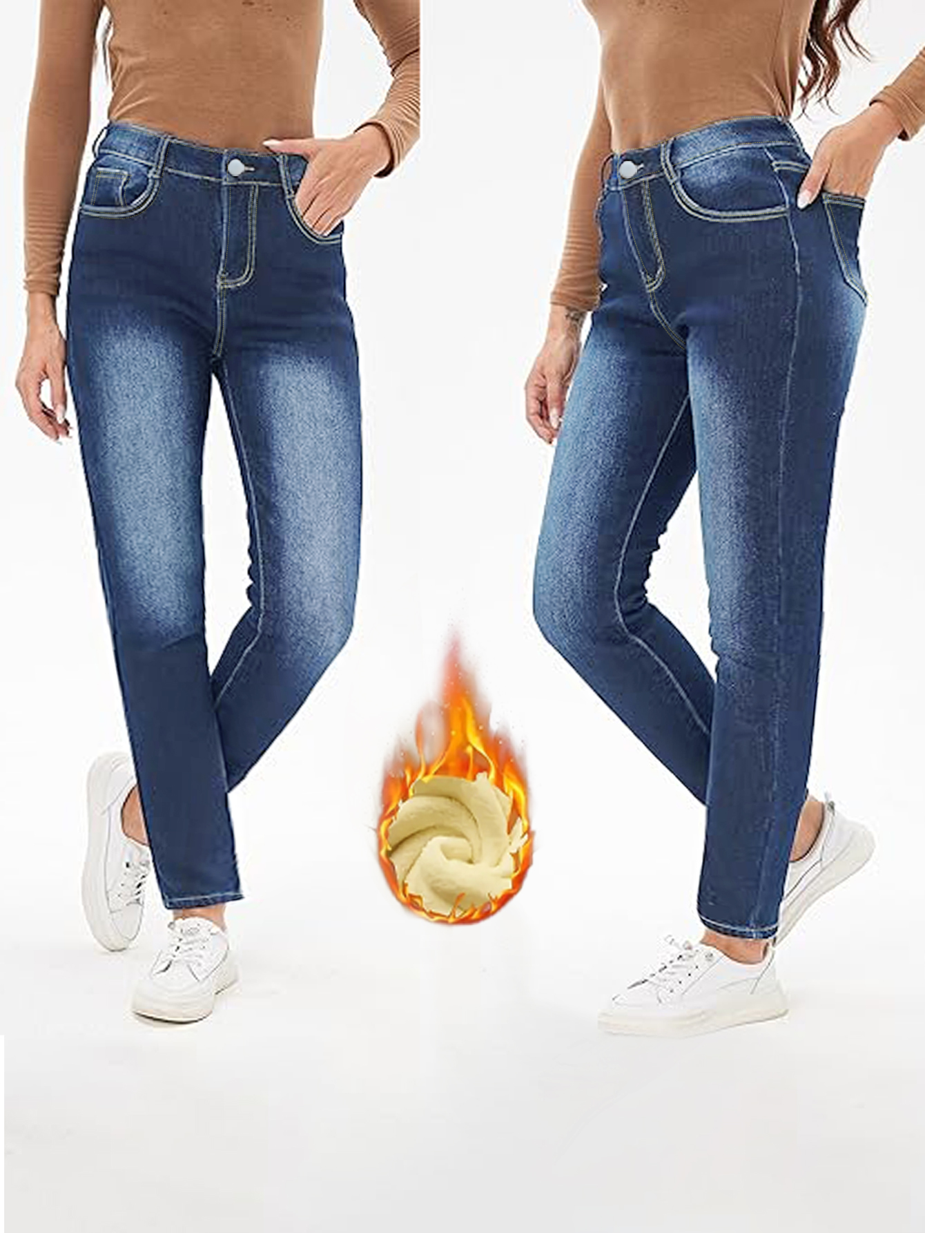 Pantalones vaqueros ajustados con forro grueso y cálido para mujer de TECCULI, talla 78, para invierno Y2K