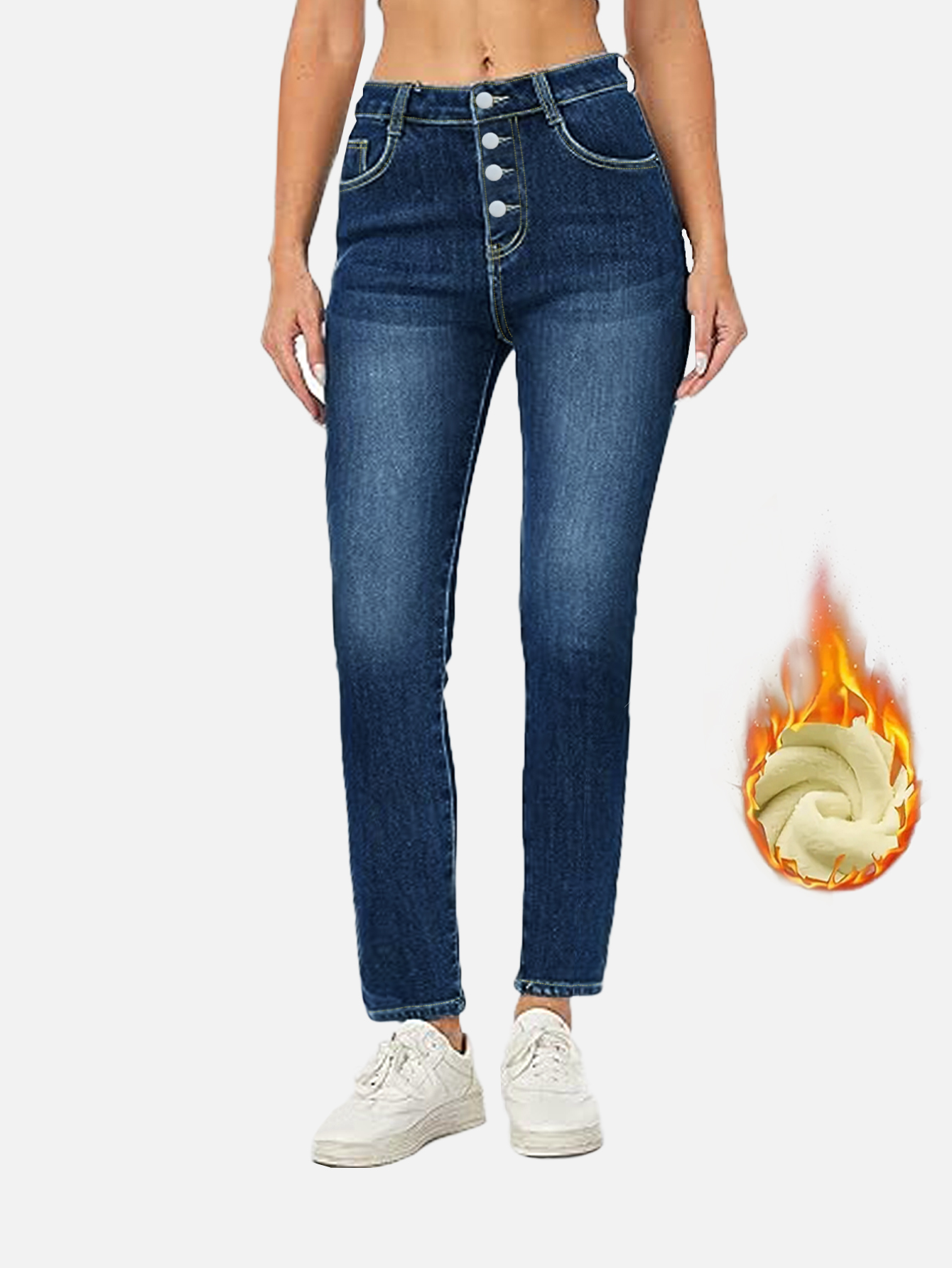 TECCULI Winter Thicken Thermal Lined Skinny Stretch Washed Denim Jeans