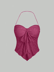 Sweetra - Top corto de verano para mujer con cuello halter y lazo frontal liso, estilo Y2K
