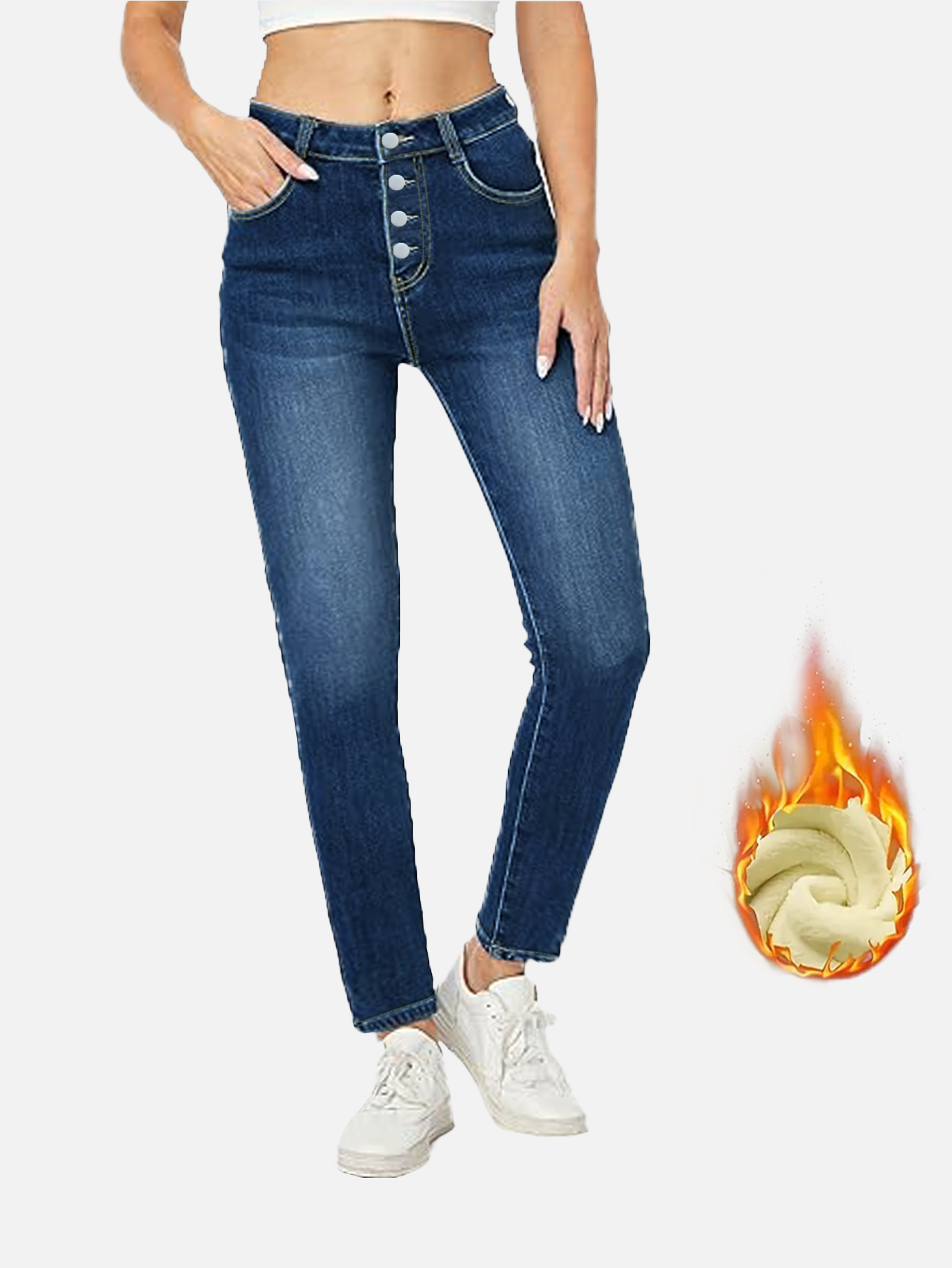 TECCULI Winter Thicken Thermal Lined Skinny Stretch Washed Denim Jeans