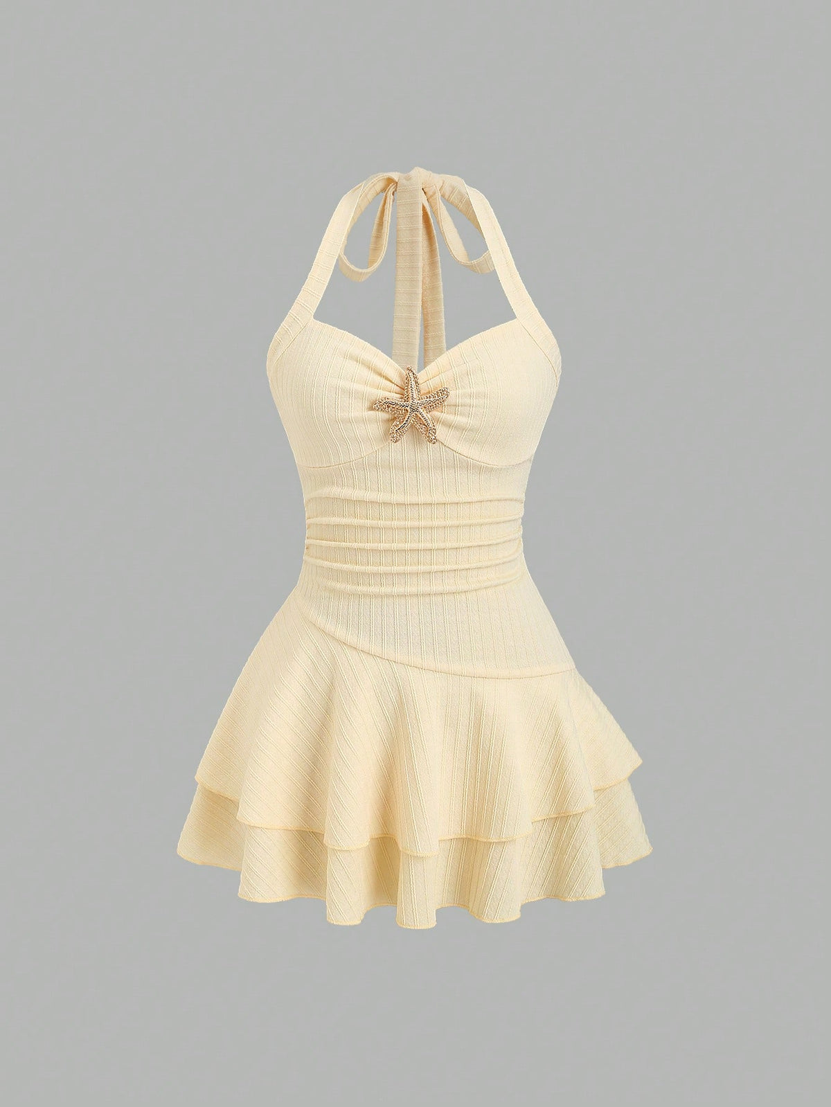 Vestido mini elegante de Sweetra para mujer, primavera-verano, ideal para vacaciones en la playa, con cuello halter, lazo frontal, busto fruncido, decoración metálica, dobladillo con volantes en capas, divertido.