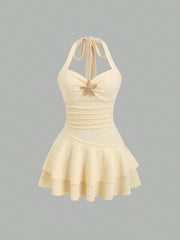 Vestido mini elegante de Sweetra para mujer, primavera-verano, ideal para vacaciones en la playa, con cuello halter, lazo frontal, busto fruncido, decoración metálica, dobladillo con volantes en capas, divertido.