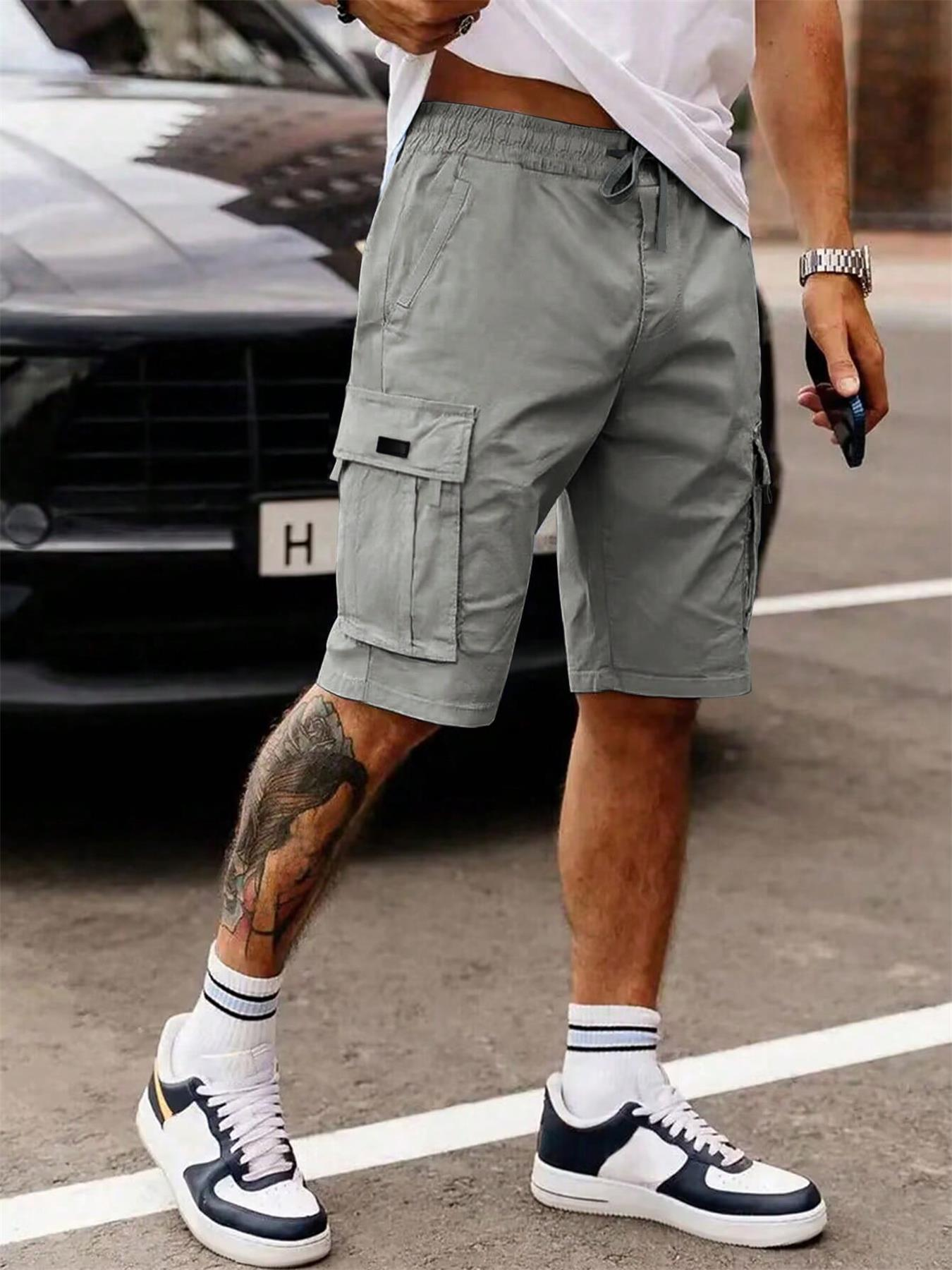 Pantalones cortos cargo informales TECCULI para hombre - Verde oliva, cintura con cordón, múltiples bolsillos, tela no elástica para correr, senderismo, ciclismo, pesca y actividades al aire libre.