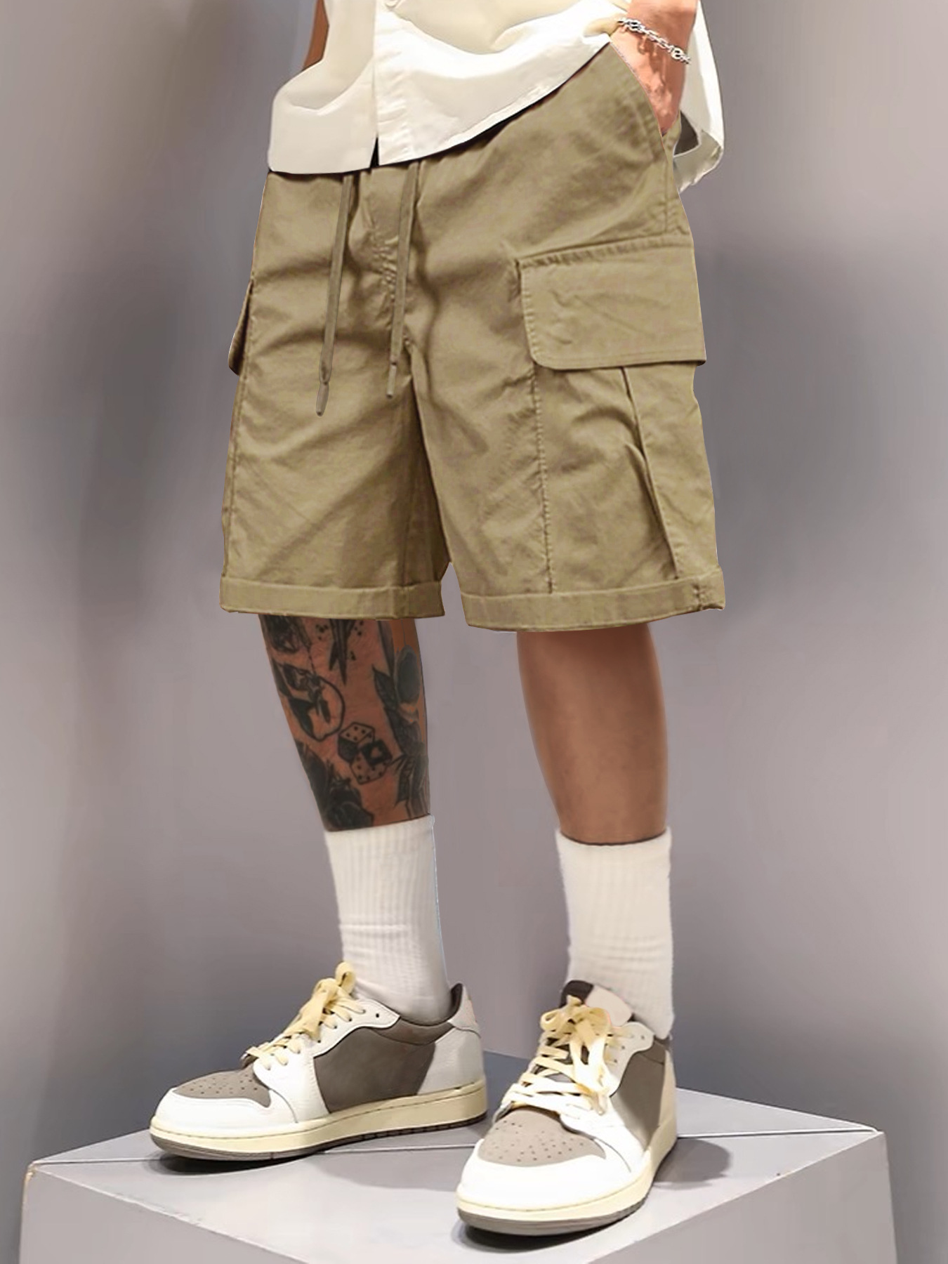 TECCULI Men's Casual Cargo Shorts with Multiple Utility Pockets - Loose Fit Elastic Waistband, Durable Non-Stretch Fabric, Solid Color for Outdoor & Casual Attire