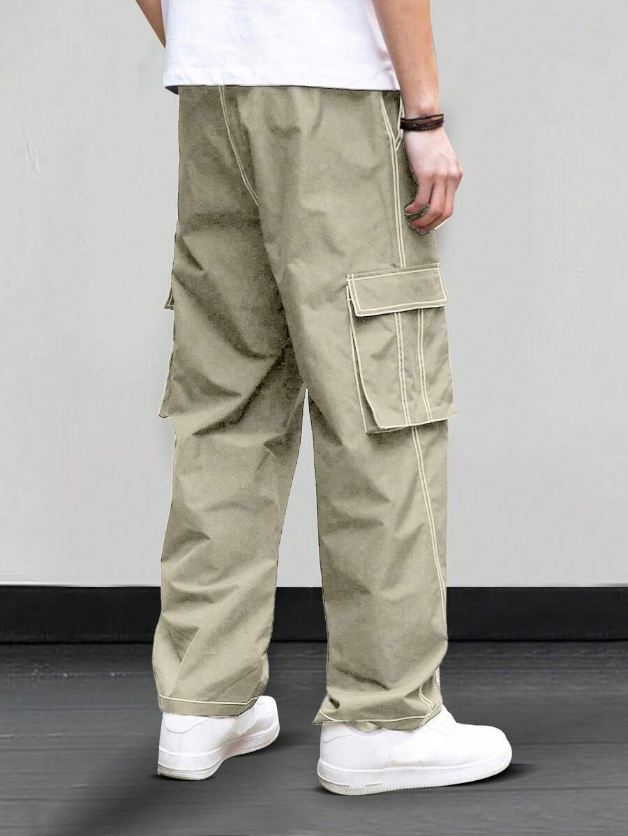 Pantalones cargo rectos Manfinity Hypemode para hombre, informales, con cordón y cintura ajustable, de pierna ancha.