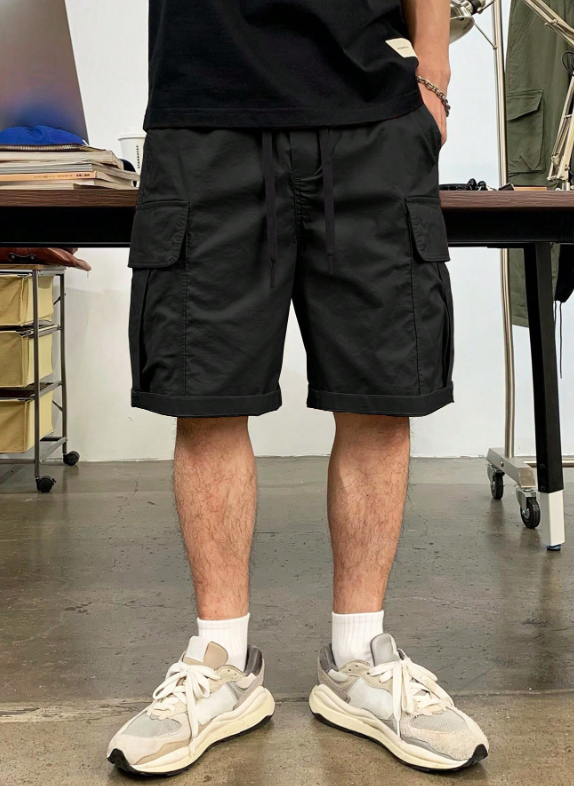 TECCULI Men's Casual Cargo Shorts with Multiple Utility Pockets - Loose Fit Elastic Waistband, Durable Non-Stretch Fabric, Solid Color for Outdoor & Casual Attire