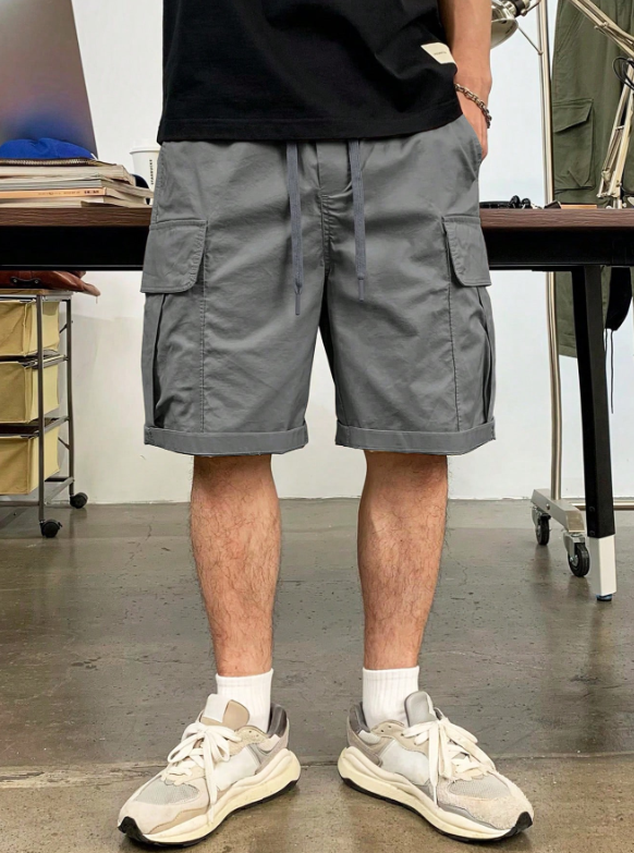 TECCULI Men's Casual Cargo Shorts with Multiple Utility Pockets - Loose Fit Elastic Waistband, Durable Non-Stretch Fabric, Solid Color for Outdoor & Casual Attire