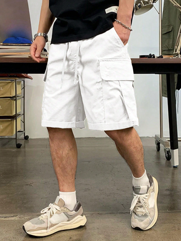 TECCULI Men's Casual Cargo Shorts with Multiple Utility Pockets - Loose Fit Elastic Waistband, Durable Non-Stretch Fabric, Solid Color for Outdoor & Casual Attire
