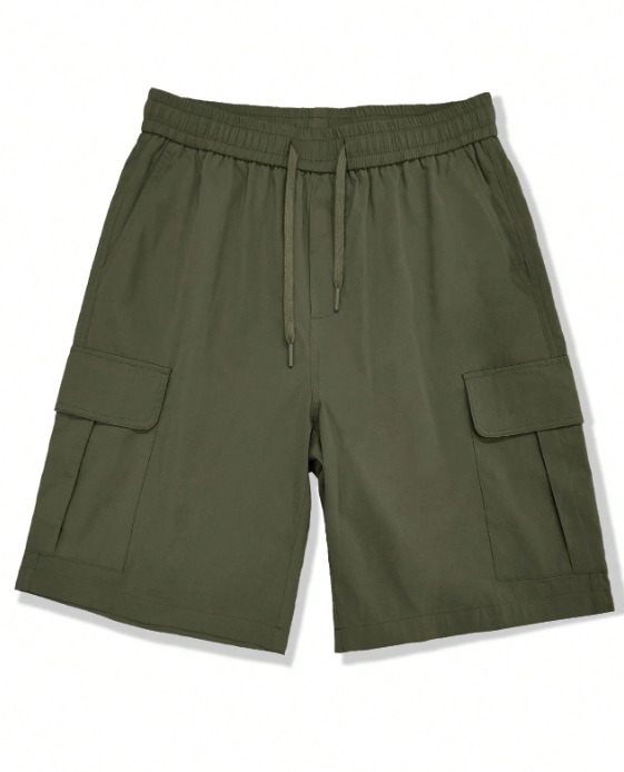 TECCULI Men's Casual Cargo Shorts with Multiple Utility Pockets - Loose Fit Elastic Waistband, Durable Non-Stretch Fabric, Solid Color for Outdoor & Casual Attire