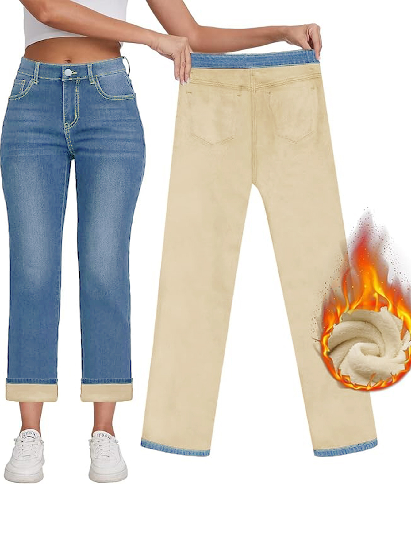Pantalones vaqueros ajustados con forro grueso y cálido para mujer de TECCULI, talla 78, perfectos para el invierno.