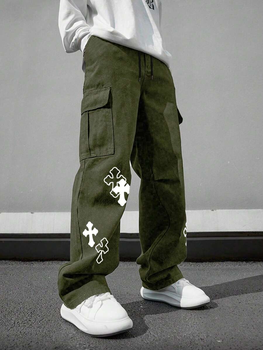Pantalón cargo multibolsillos para hombre, corte holgado con estampado cruzado, ideal para playa, informal, deportes, actividades al aire libre, jogging, corte recto y holgado, ideal para cualquier temporada, estilo urbano, regalo para novio o esposo.