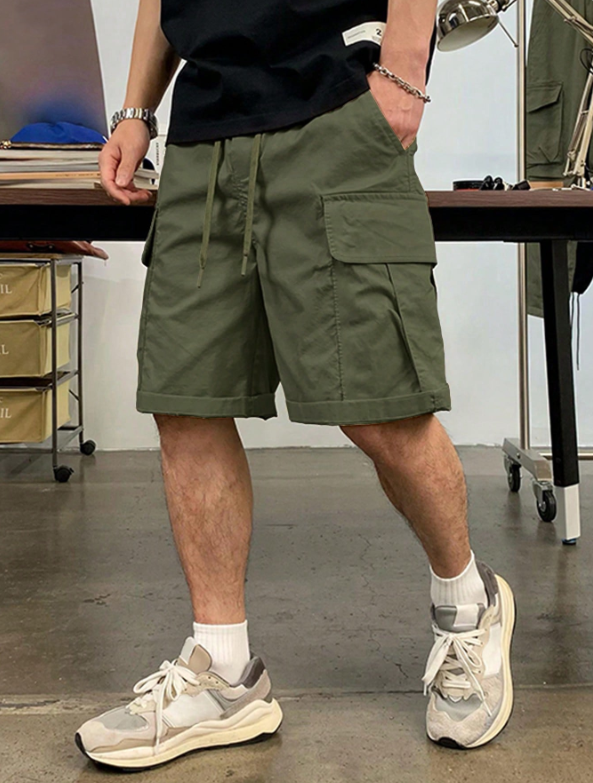 TECCULI Men's Casual Cargo Shorts with Multiple Utility Pockets - Loose Fit Elastic Waistband, Durable Non-Stretch Fabric, Solid Color for Outdoor & Casual Attire