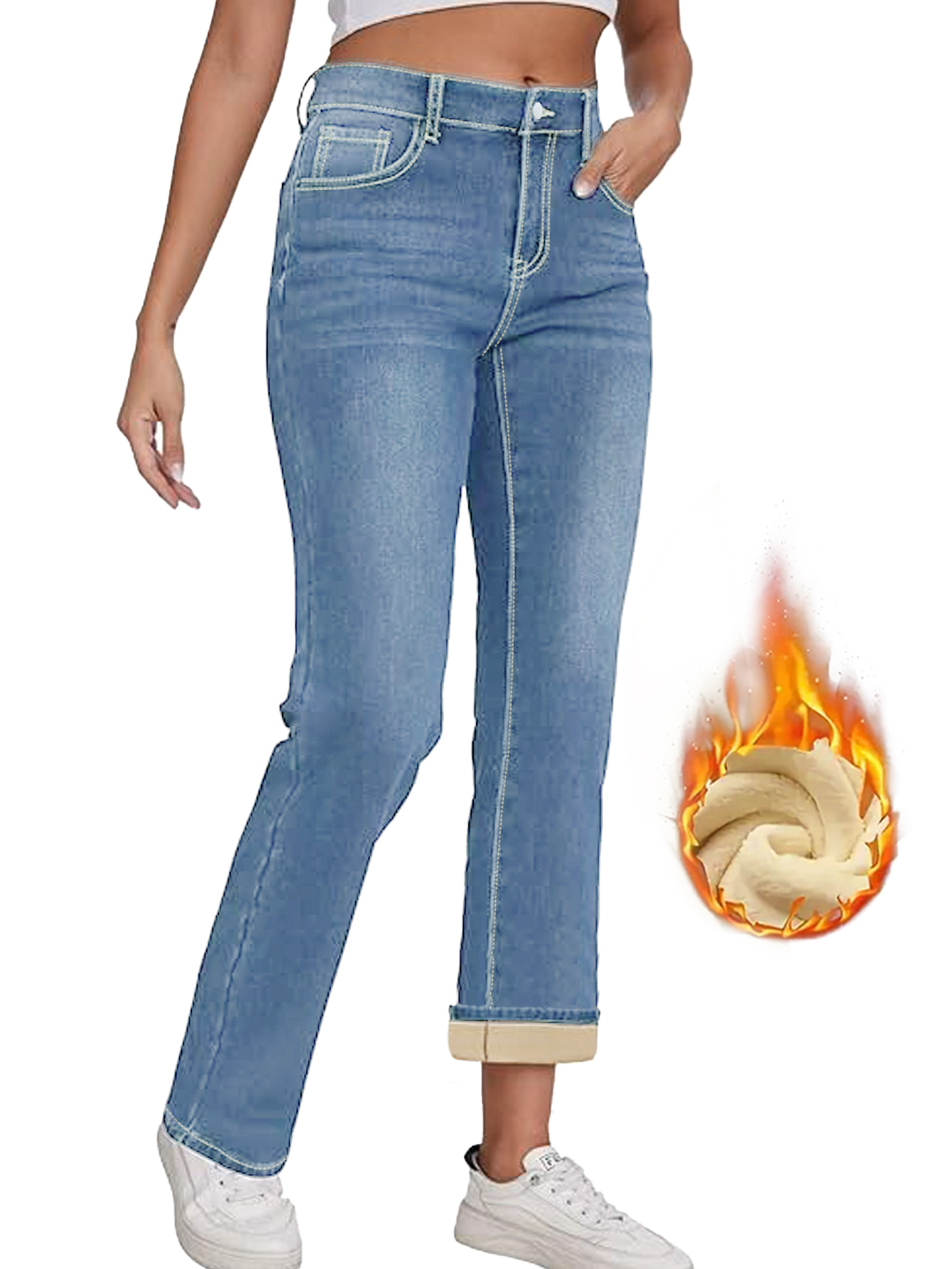 Pantalones vaqueros ajustados con forro grueso y cálido para mujer de TECCULI, talla 78, perfectos para el invierno.